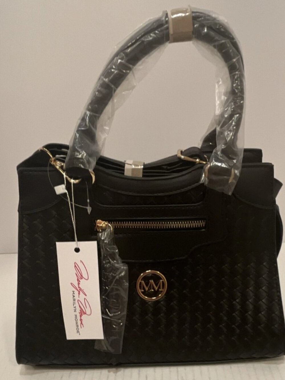 Marilyn Monroe Black Satchel Top Handle Bag Gold Hardware Logo Women's Woven